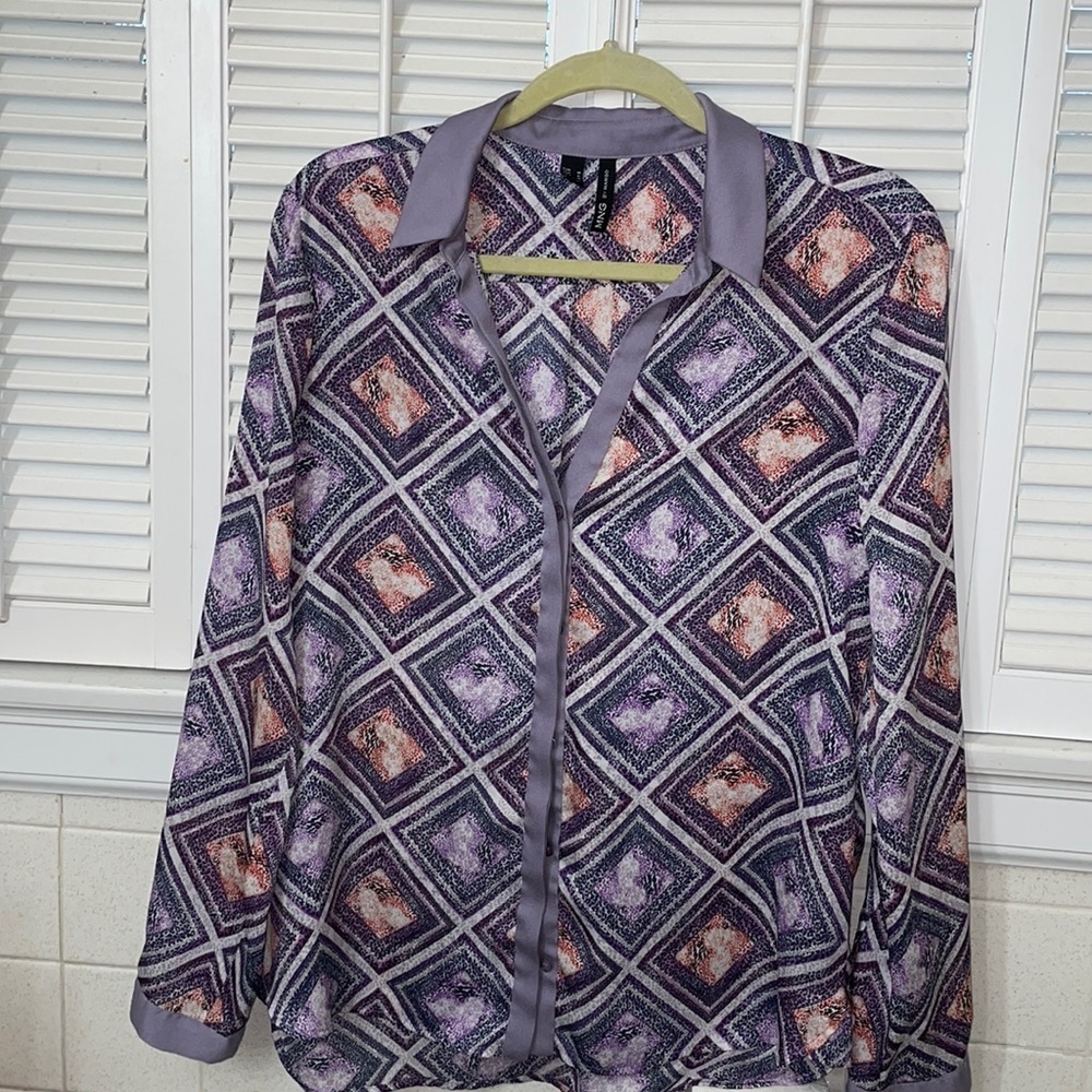 MNG by Mango purple orange animal button down print shirt blouse top retro disco